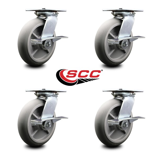 8 Inch Heavy Duty Thermoplastic Caster Set with Roller Bearings and Brakes SCC